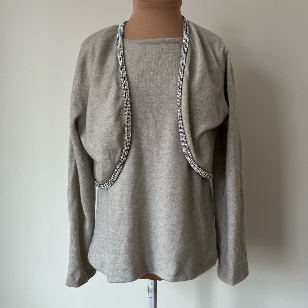 Belinda Robertson Cashmere Rhinestone Gray Tank Top Cardigan Sweater Set EUC L
